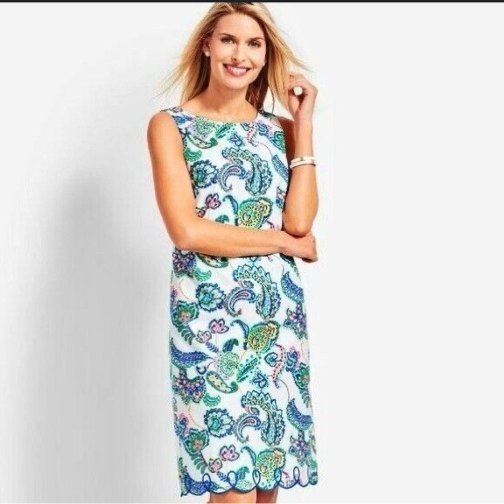 Talbots Paisley Scallop-Hem Sheath Dress Women’s Sz 16P Colorful Sleeveless EUC